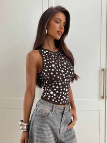 Aloruh Áo crop top hở vai cổ tròn đính đinh tán thời trang Y2K dành cho nữ - màu nâu - Xem 7