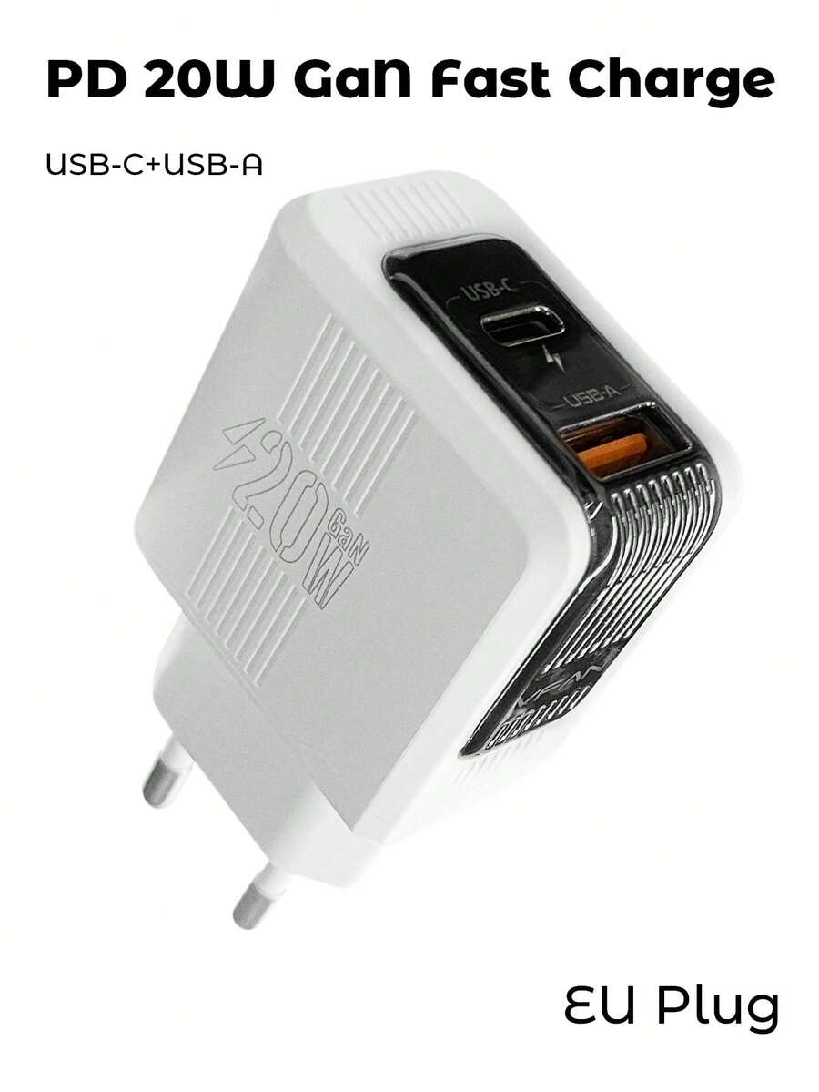 Teckwe 欧洲旅行插头转换器，20W双端口USB-C和USB-A快速充电，国际电源适配器 - 白色 - 查看 1