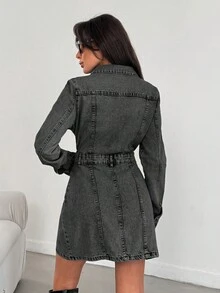 EURMUSE 女士长袖纽扣半开襟休闲牛仔衬衫裙 - 深灰色 - 查看 2