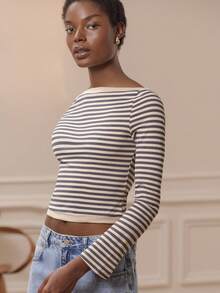 lacRébo Navy Blue Stripe Boat Neck Rib Knit Long Sleeve Top Cute Chic Top French Style Top Classic Stripe Top Spring Summer Daily Outfits French Style Top Cropped Top Long Sleeve Crop Top Striped Long Sleeve Top - Multicolor - View 1