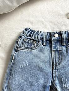 SHEIN 男婴口袋及胡须饰边休闲宽松牛仔短裤 - 淺色水洗藍 - 查看 5