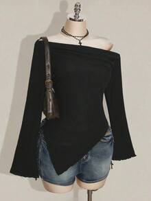 SHEIN ICON 大码女式斜肩喇叭袖黑色修身T恤，秋冬款