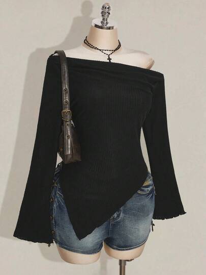 SHEIN ICON 大码女式斜肩喇叭袖黑色修身T恤，秋冬款
