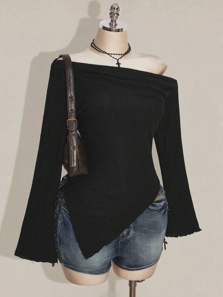 SHEIN ICON 大码女式斜肩喇叭袖黑色修身T恤，秋冬款