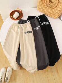 SHEIN 3pcs/Set Tween Girls Letter Graphic Casual Sports Streetwear Knit Jogger Pants, Thermal Lined Sweatpants Set, Autumn/Winter Summer Clothes Bottoms Pack Of Pants Girls Loose Pants Pants Cheap - Apricot - View 1