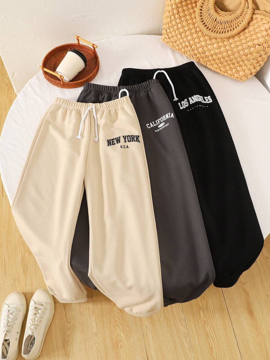 SHEIN 3pcs/Set Tween Girls Letter Graphic Casual Sports Streetwear Knit Jogger Pants, Thermal Lined Sweatpants Set, Autumn/Winter Summer Clothes Bottoms Pack Of Pants Girls Loose Pants Pants Cheap - Apricot - View 1