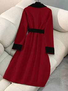 GlowEve 时尚新款撞色翻领腰带优雅法式中长款女式大衣 - 紅色 - 查看 2