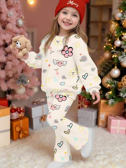 SHEIN สีขาวนวล, ลายเส้นดอกไม้หัวใจน่ารัก, เสื้อสเวตเตอร์คอกลมแขนยาวหนานุ่มใส่สบายสำหรับเด็กผู้หญิงและกางเกงขายาวทรงบาน ชุดสองชิ้น เหมาะสำหรับฤดูใบไม้ร่วง/ฤดูหนาว ชีวิตประจำวัน, ถ่ายภาพสตรีท, บ้าน, แคมปัส, ฤดูที่แสนสบาย, ชุดฤดูใบไม้ร่วงและฤดูหนาว, สวมใส่ง่ายสบาย, เลเยอร์ฤดูใบไม้ร่วงและฤดูหนาวสำหรับเด็กผู้หญิงตัวเล็ก, สาวมีสไตล์, ชุดลำลอง, เสื้อผ้าลายดอกไม้สำหรับเด็ก, เสื้อผ้าฤดูใบไม้ร่วงและฤดูหนาว, สไตล์ใหม่, แฟชั่นฤดูหนาว, ชิลล์ชิลล์