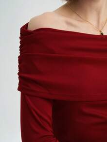 INAWLY Women's Solid Color Minimalist Off-Shoulder Top, Everyday Wear - Red - View 5
