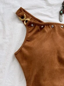 Soleia 女士夏季度假米色针织提花单肩修身下摆开衩抽绳褶皱吊带背心，适合派对、约会、情人节、复活节、狂欢节、下午茶、海滩、邮轮、城市度假等场合。 - 棕色 - 查看 3