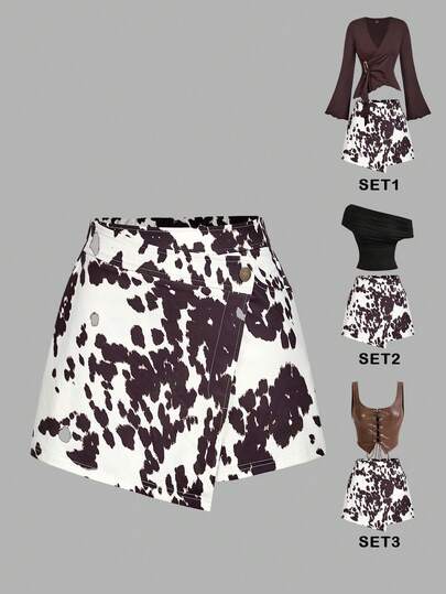 SHEIN MOD Asymmetrische zweischichtige Shorts mit Kuhprint - Vintage 70er, Y2K, Date, Party, Gericht, Festlich, Geburtstag, Schulanfang Preppy, Business Lässig Damenbekleidung, Büroanzug, Professionell, Old Money Stil, Pendler