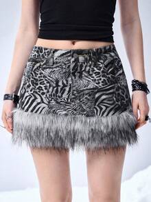 ROMWE EDITION Y2K Vintage Zebra & Leopard Print Patchwork Fuzzy Super Low Waist Super Short Denim Mini Skirt - Black and White - View 8