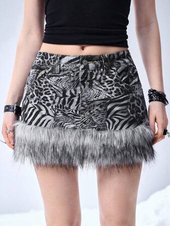 Grunge Punk Y2K Vintage Zebra & Leopard Print Patchwork Fuzzy Super Low Waist Super Short Denim Mini Skirt
