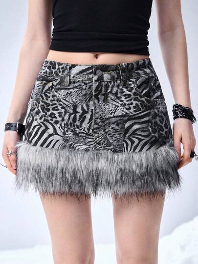 Grunge Punk Y2K Vintage Zebra & Leopard Print Patchwork Fuzzy Super Low Waist Super Short Denim Mini Skirt