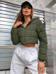 SHEIN EZwear 女士纯色拉链立领短款休闲加厚外套，冬季服装 - 軍綠色 - 查看 3