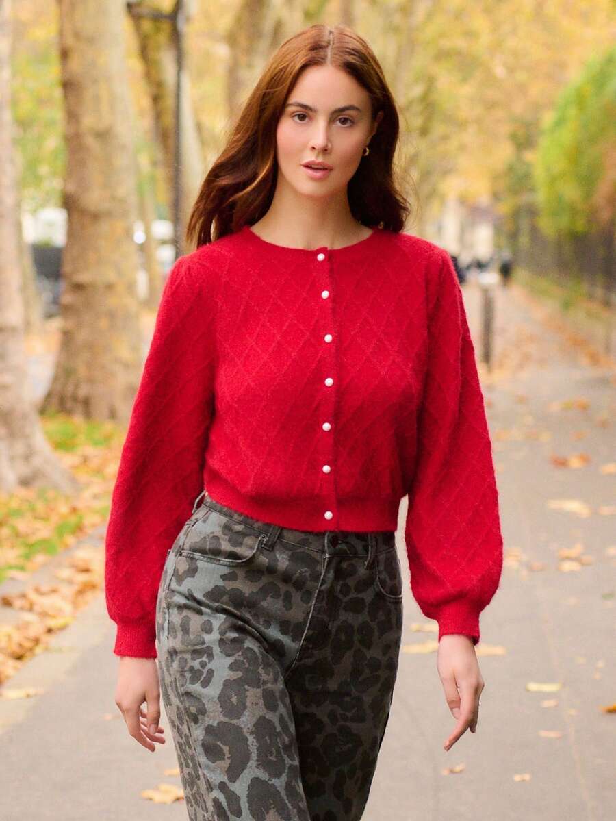 lacRébo 女士纯色圆领长袖休闲针织开衫，秋冬季 - 紅色 - 查看 1