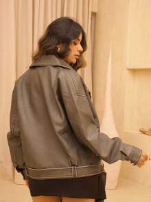 Rayane Ketlyn 复古水洗 PU 皮革翻领宽松摩托车夹克 - 深灰色 - 查看 2