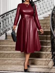 SHEIN Lady 大码秋冬PU面料圆领酒红色腰部A字形系带大码连衣裙 - 酒紅色 - 查看 1