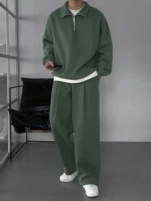 DAZY 男士纯色橄榄绿抓绒运动套装，秋冬季 - 軍綠色 - 查看 4