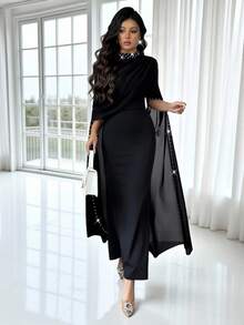 Rafferiza 女士半高领针织紧身弹力腰带鱼尾雪纺连衣裙，饰以珍珠点缀，秋冬季服装，户外穿着，时尚优雅，适合日常穿着、婚礼、宴会、通勤、毕业派对、节日活动、度假、约会、聚会、万圣节、圣诞节、新年和感恩节等场合。 - 黑色 - 查看 4