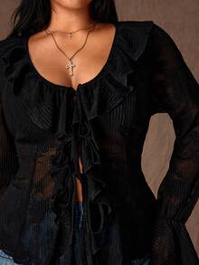 Rustia Plus Size Women Elegant Solid Color Ruffle V-Neck Semi-Sheer Blouse - Black - View 7