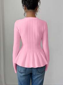 Elenzga Damen eleganter taillierter A-Linien Pullover mit rundem Ausschnitt und Langarm in Unifarbe, Herbst - Pink - Übersicht 2