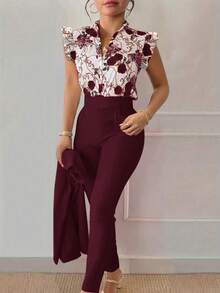 SHEIN Clasi 两件套女士优雅通勤印花衬衫和裤子 - 酒紅色 - 查看 3