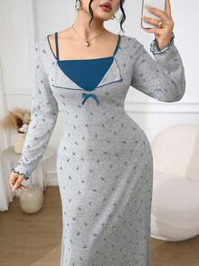 Feyla Plus Size Elegant Commuter Bow Print Long Dress - Blue - View 1