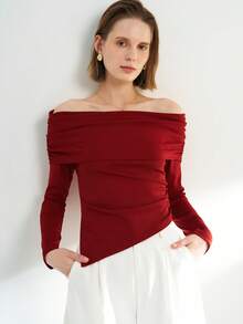 INAWLY Women's Solid Color Minimalist Off-Shoulder Top, Everyday Wear - Red - View 1