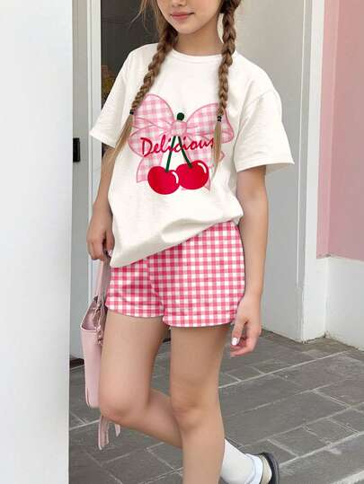 Emery Rose Kids Emery Rose Kids 2pcs/Set Cute Mini Pink Checkered, Cherry Pattern Tween Girls Casual Crew Neck Short Sleeve T-Shirt And Shorts Set, Suitable For Summer Holiday