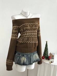 Elamini 1pc Women's Burgundy Christmas Sweater, Minimalist Off Shoulder Ribbed Deer & Snowflake Pattern Knit Casual Pullover, Autumn/Winter - Brown - View 4