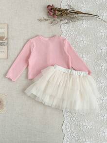 SHEIN Baby Girl Cute Pink Faux Fur Fabric Round Neck Long Sleeve 3-Layer Tulle Cake Dress Set, Versatile For Autumn/Winter - Pink - View 9