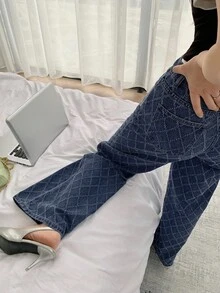 DAZY 女士宽松休闲时尚格子直筒牛仔裤，适合秋季、冬季和春季 - 深色水洗藍 - 查看 2