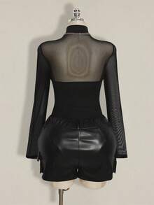SHEIN ICON Combinaison grande taille en maille noire unie à manches longues, Top transparent avec col montant et manches classiques, combinaison femme style Y2K - Noir - Voir 3