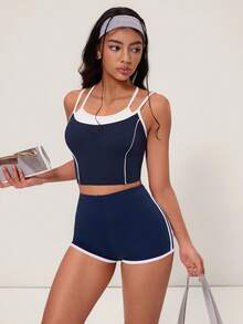 Hanevo Short d'été pour femme à rayures contrastées et coupe slim - Bleu marine - Voir 5