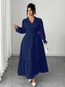 Elenzga Plus Size Women Elegant V-Neck Polka Dot Long Sleeve Dress Fall - Navy Blue - View 6