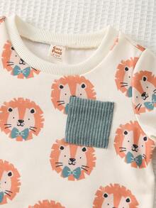 Cozy Pixies 2pcs Baby Boy Cartoon Animal Print Knit Soft Crew Neck Long Sleeve Pullover Sweatshirt And Elastic Waist Pants Set