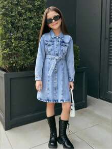 Elladie kids Tween Girls Y2K Style Denim Dress,Vintage Light Blue Long Sleeve Fitted Silhouette,Soft Casual School & Back-To-School Fashionable Autumn Dress - Light Wash - View 1
