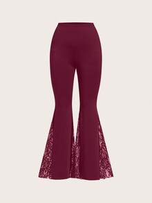 SHEIN Clasi Quần ống loe bó sát phối ren co giãn cỡ lớn màu đen - Màu Đỏ Sâu - Xem 8
