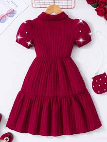 Girls' Retro Sweet Vertical Striped Dress, Collar Pearl Button Waist Pleated Skirt (With Lace Chain Pearl Small Bag) - Burgundy - View 2