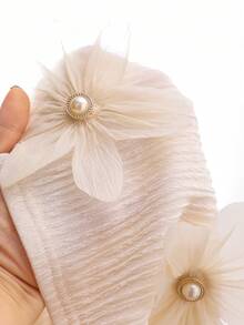 2 Stücke Mädchen elegantes Outfit Set: Beige Chiffon Langarm Top mit Perlknöpfen und floralem Design und gerade geschnittene Hose, Herbst - Aprikosenfarben - Übersicht 8