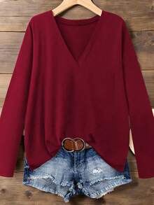 EMERY ROSE Women's V-Neck Loose Casual Versatile Bestselling T-Shirt, Autumn/Winter - Burgundy - View 1