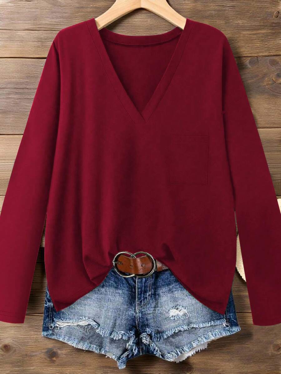EMERY ROSE Women's V-Neck Loose Casual Versatile Bestselling T-Shirt, Autumn/Winter - Burgundy - View 1
