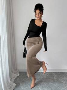 SHEIN Elenzya Nuovo abito mini elegante e vintage da donna in tessuto elastico lucido, con spalla asimmetrica, balze e orlo a volant, adatto per l'autunno/inverno - Multicolore - Visualizzare 4