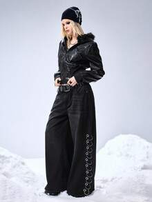 ROMWE Grunge Punk Relaxed Fit Grunge Distressed Vintage Oversized Cross & Vine Print Women Jeans - Black - View 2