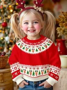 SHEIN 2 Stück/Set Baby Mädchen Weihnachten Rot Rentier, Weihnachtsbaum, Schneeflocke, Schleife, Lebkuchenmann Fair Isle Muster Lässiger Dicker Weicher Bequemer Langarm Sweatshirt und Leggings Set, geeignet für Herbst/Winter Alltag, Weihnachtsparty, Straßenmode, Zuhause - Verschiedenfarbig - Übersicht 4