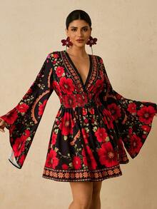 Travachic 大码女式黑红印花长袖A字迷你连衣裙，V领收腰 - 黑色 - 查看 3