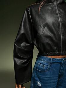 Denimoi High Neck Zip Front Cinched Waist Faux Leather Jacket - Black - View 4