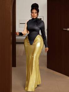 Maweii 秋冬印花修身褶裥鱼尾亮面面料金色显瘦设计高端派对连衣裙，百搭叠穿单品，适合大码女性 - 彩色 - 查看 4