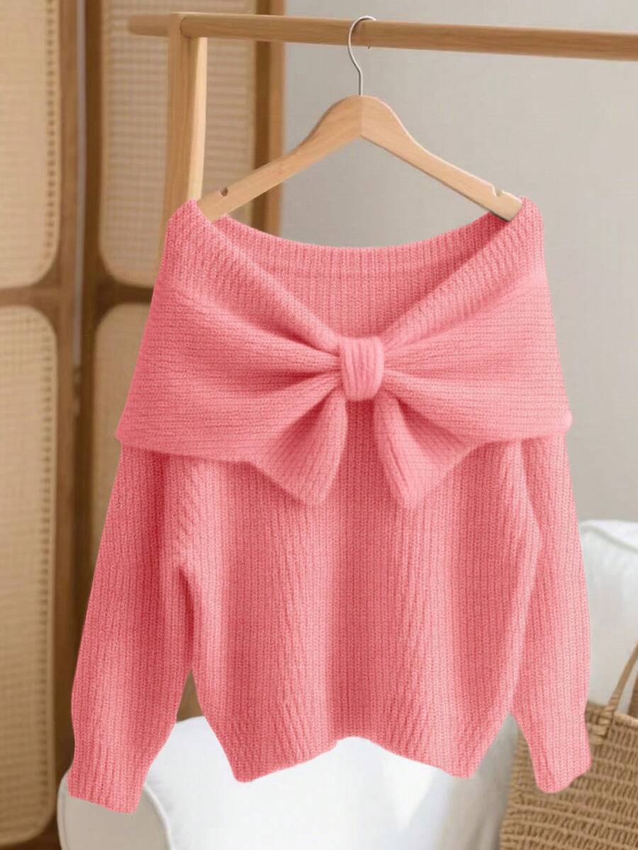 Lyxana Herbst/Winter Neu Plissee Weich Elegant Minimalistisch Elegant Oversized Schleife Rundhals Langarm Grobstrick Pullover für Frauen - Pink - Übersicht 1